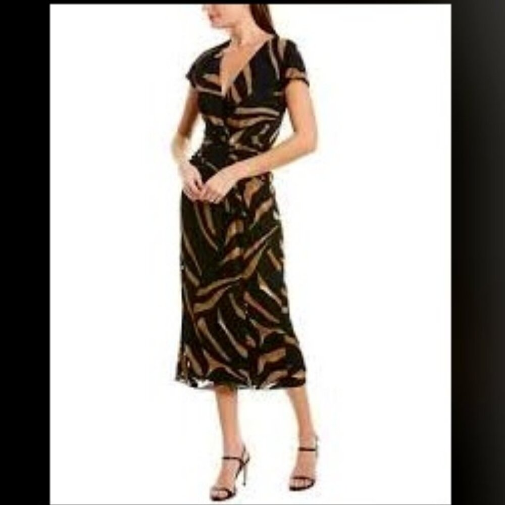 LILY Black Jungle Print Wrap Tie Belt Midi Dress Cap Sleeves Jersey Knit S
